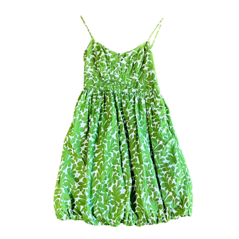 London Times Petites Green White Leaf Print Bubble Hem Dress 4P Cotton Summer